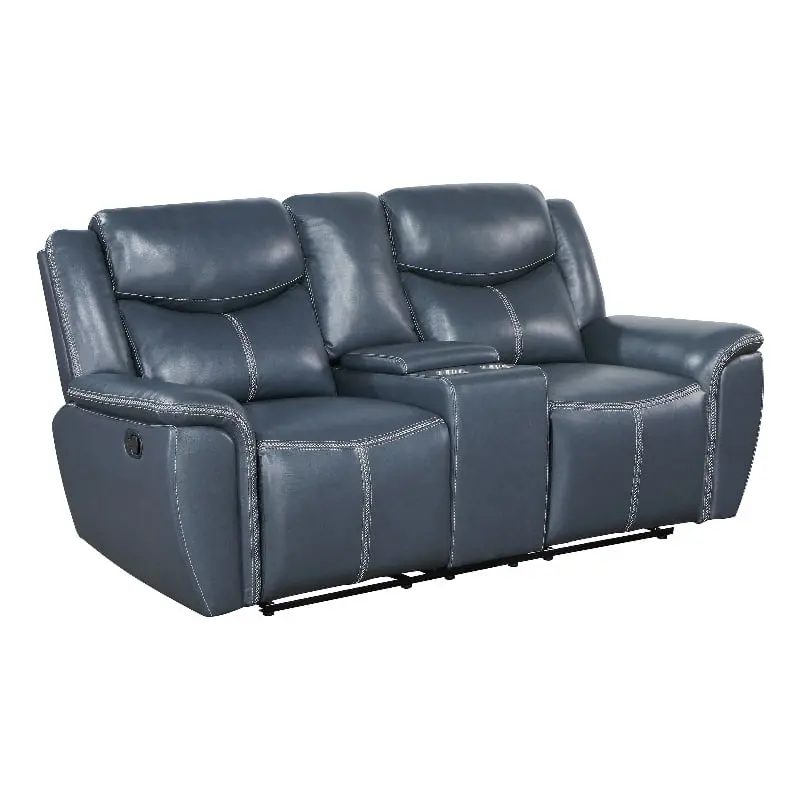 Pemberly Row Faux Leather Motion Reclining Loveseat Console Blue
