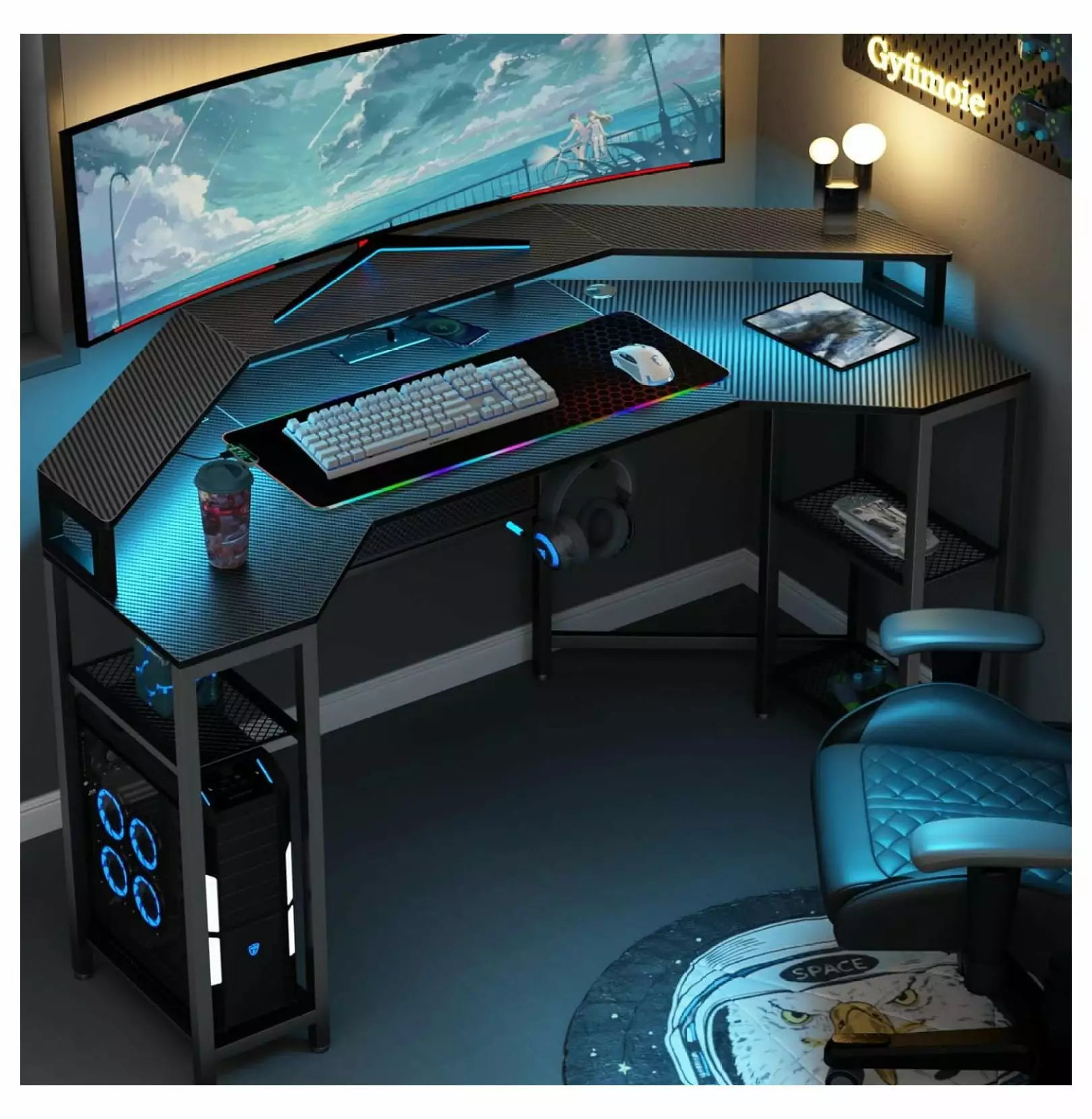 Lomie Computer Desk Power Outlet & LED Light 63 Large Wing-Shaped Gaming Desk - Full Monitor Stand Wireless Charging RGB M...