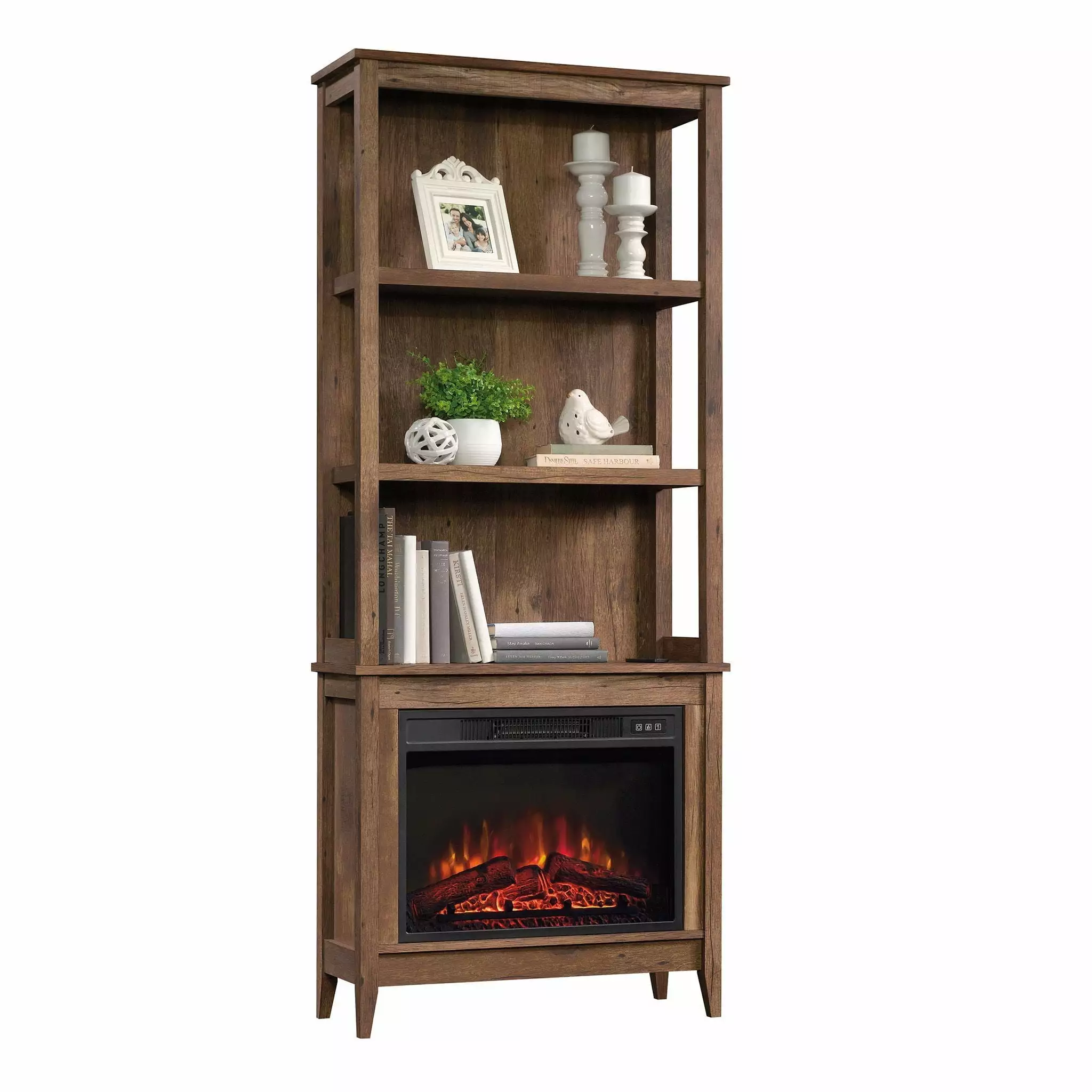 CasaSole 72 Tall 3-Shelf Bookcase Electric Fireplace Vintage Oak