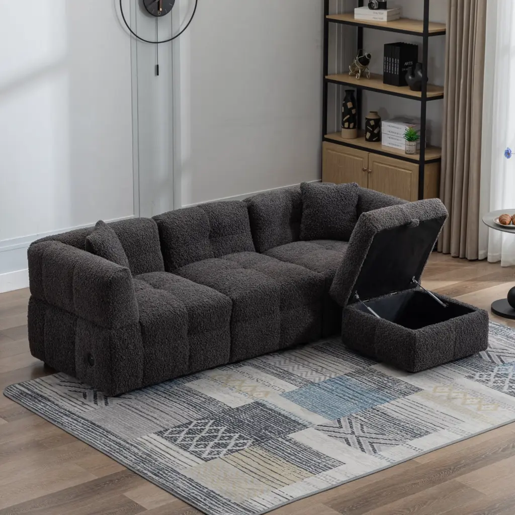Gray Multi-functional Sectional Sofa Teddy Fleece Fabric and USB Ports Ponnky