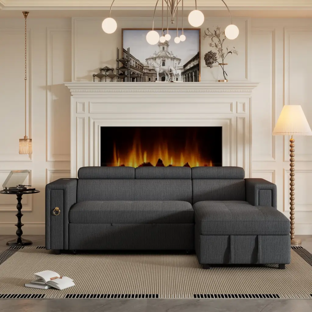 Multi-Functional L-Shape Sectional Sofa Bed Adjustable Headrest Grey Linen Sofa Wireless Charging and Cup Holders Ponnky