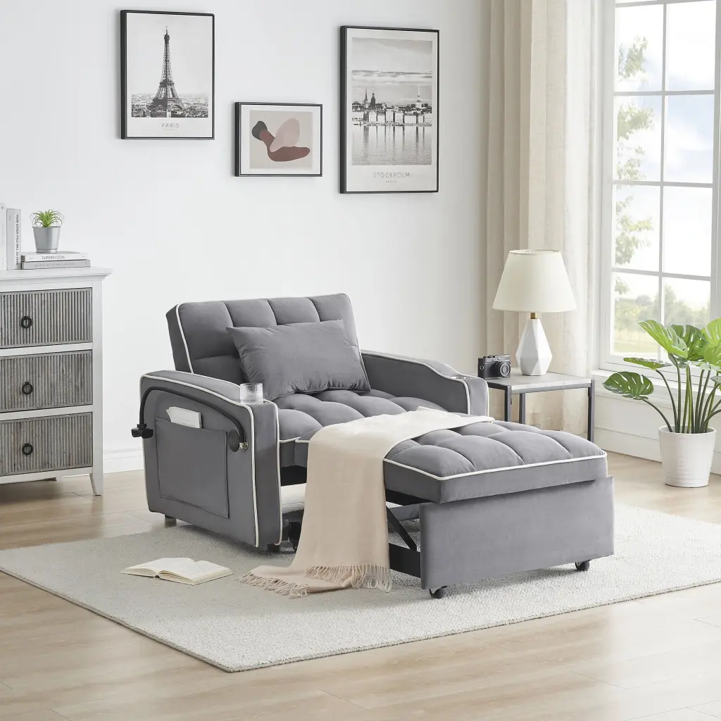 Gexpusm 3 1 Versatile Foldable Sofa Bed Modern Sofa Velvet Pull Out Bed Adjustable Back USB Port Ashtray and Swivel Phone ...