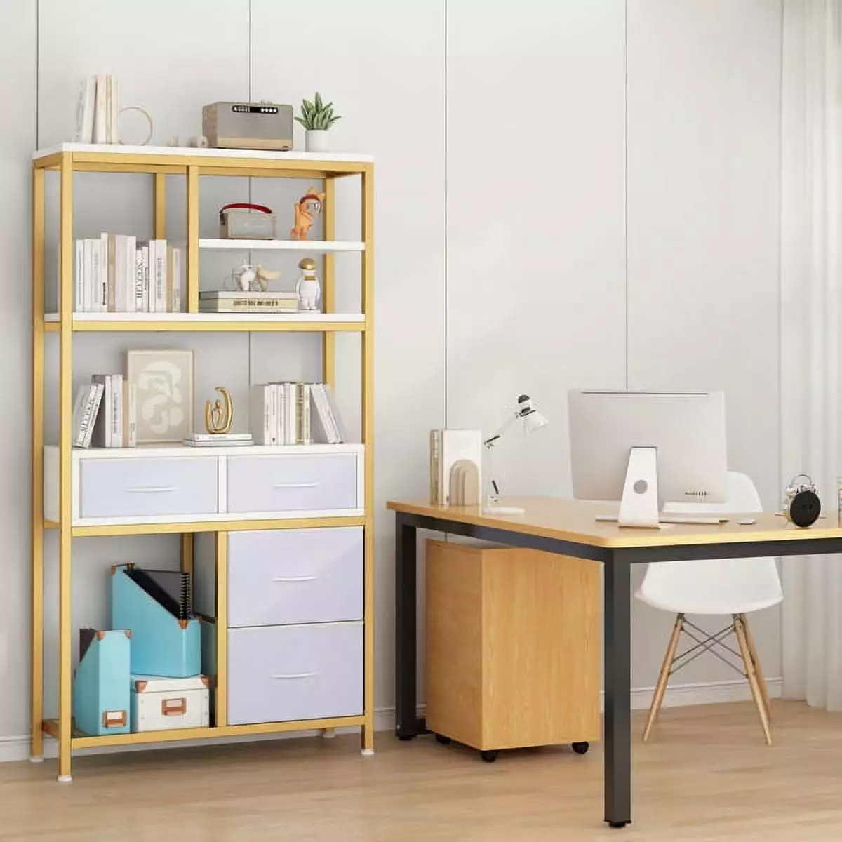 6 Layer Bookshelf 4 Drawers Particleboard Iron Frame Non-Woven Fabric YTTX