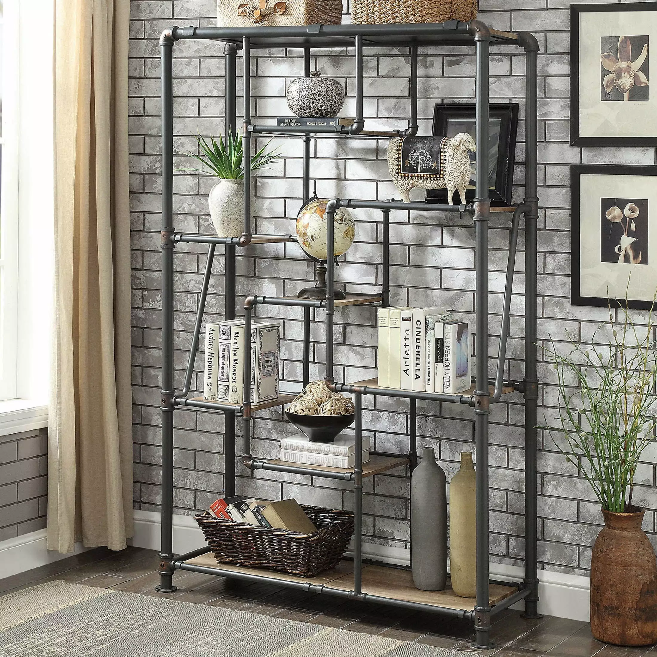 Furniture America Plymouth 8-Shelf Bookcase Sand Black - Large Storage Solution