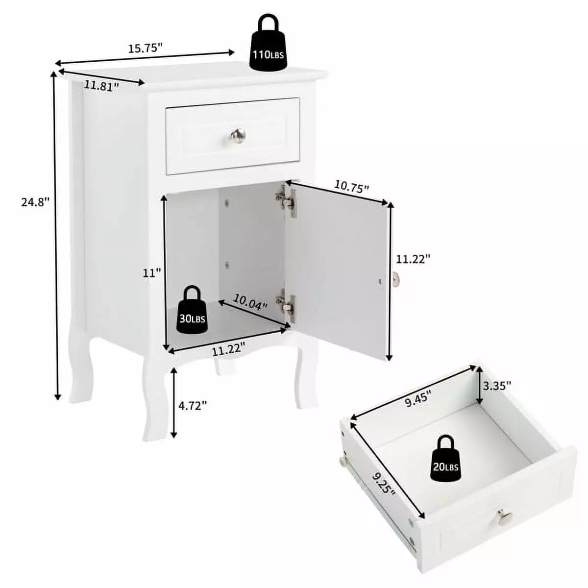 FCH 2pcs Country Style MDF Spray Paint Curved Feet One Draw One Door Night Table White YTTX