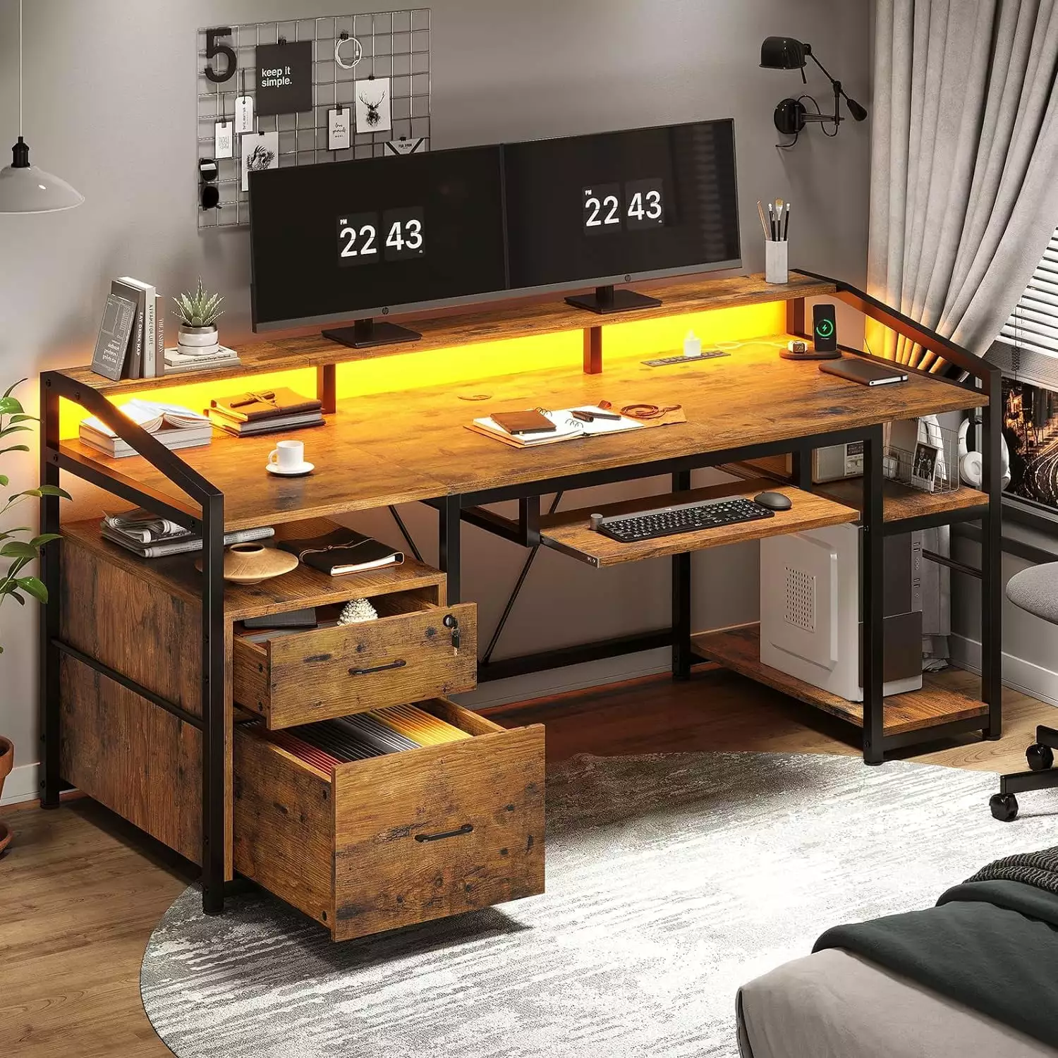 63 Computer Desk Lock Drawers LED Light Power Outlet Rustic Brown B&B Charcoal