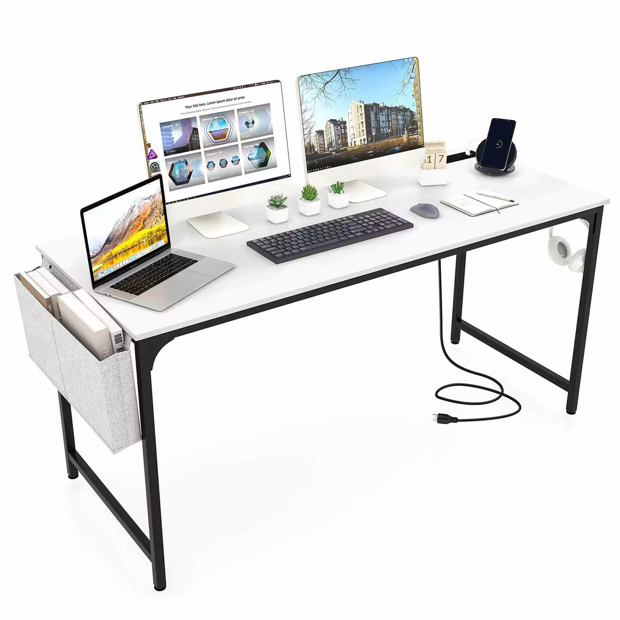 Costway 60 Modern Computer Desk Charging Station Storage Bag Headphone Hook White