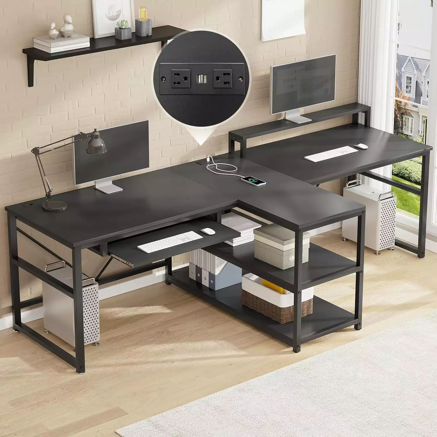 DJ472628_1 94.5 Office Computer Desk - Two Person Gaming Desk LED Lights and Storage