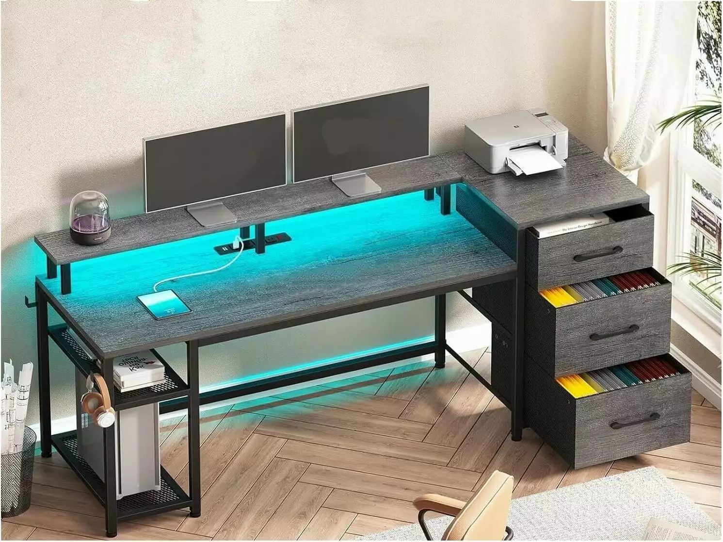 FHWMCHZ 59 Office Desk Drawers Reversible Computer Desk File Drawers Storage Gaming Desk LED Lights