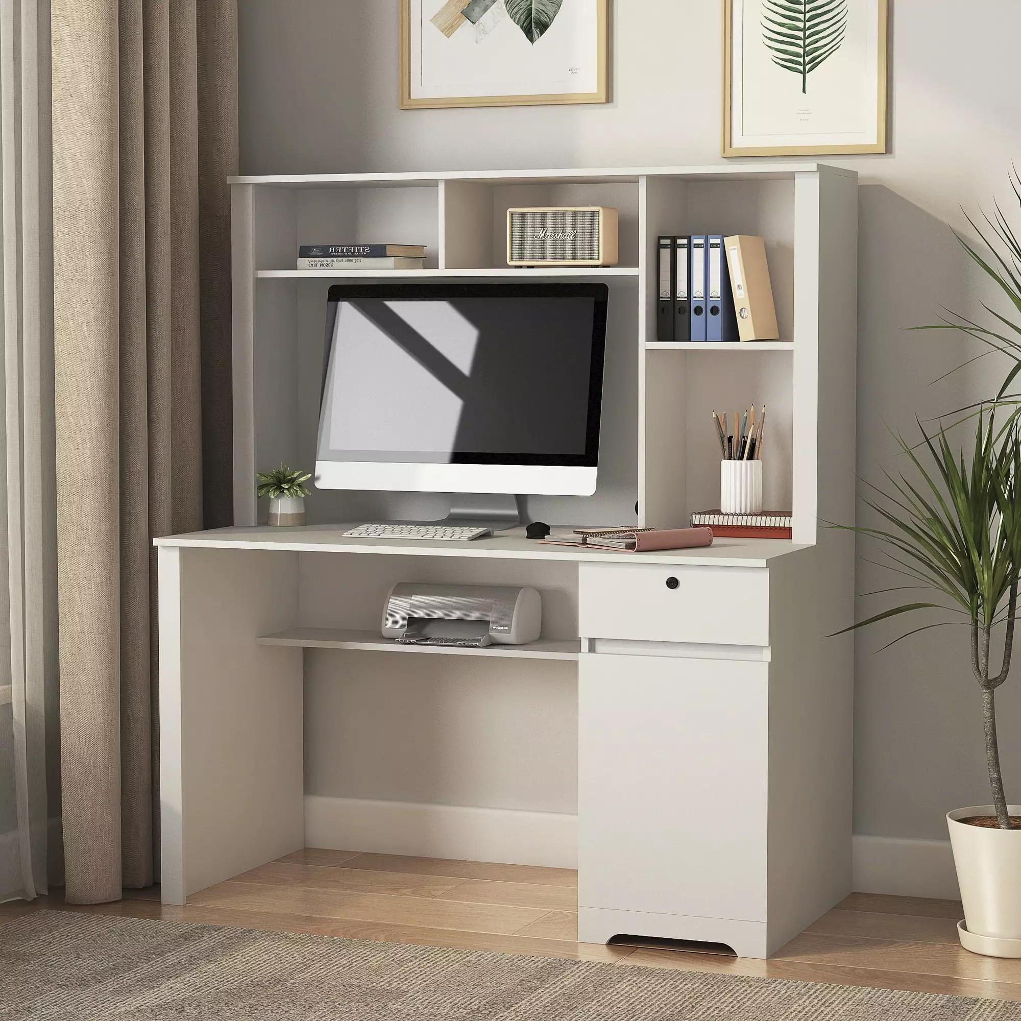 Computer Desk Storage Hutch Lockable Drawers Home Office Study Writing Desk Bookshelf AC Outlets USB Charging Ports Jujwooo