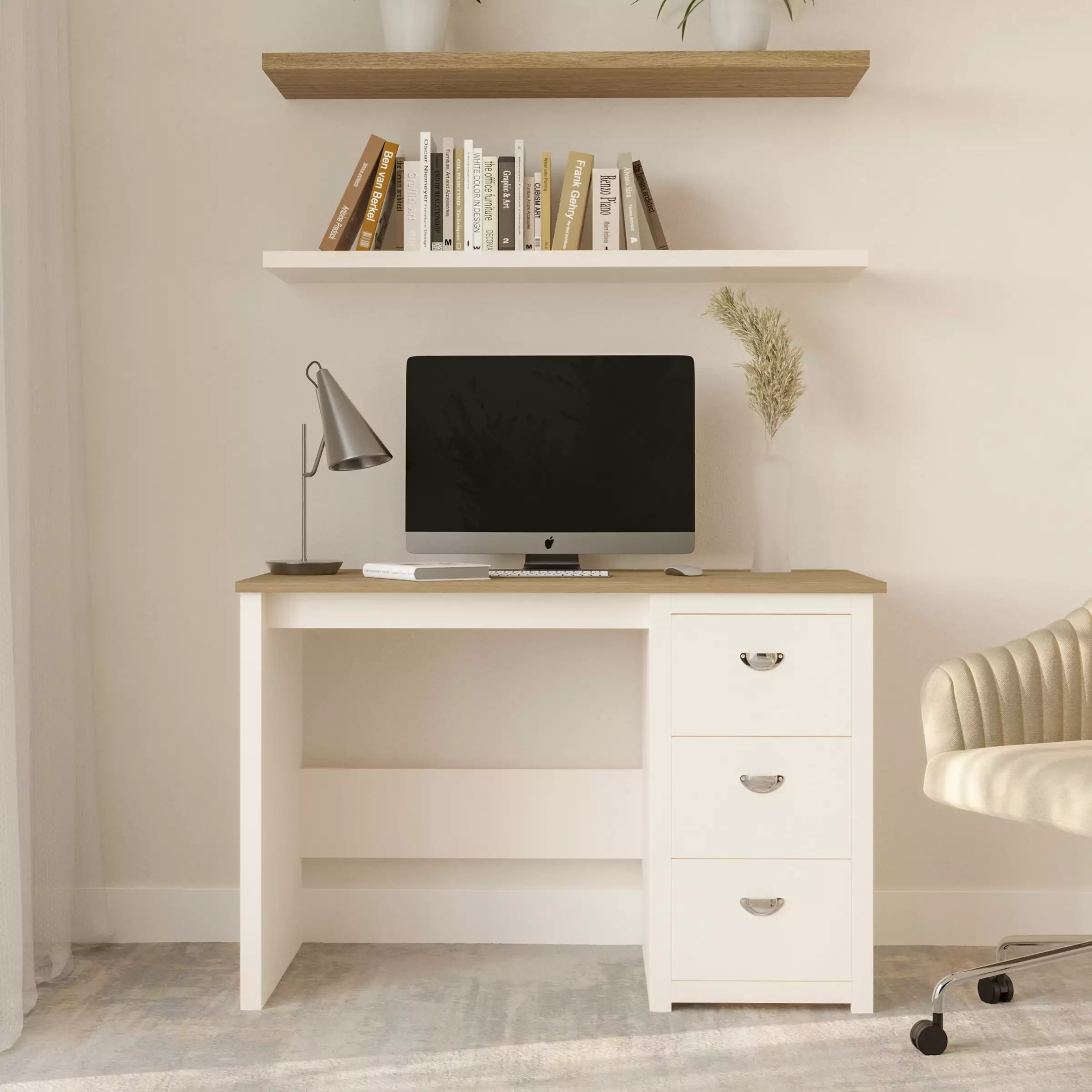 Lavish Home Computer Desk Attached 3 Drawer File Cabinet White Office Desk