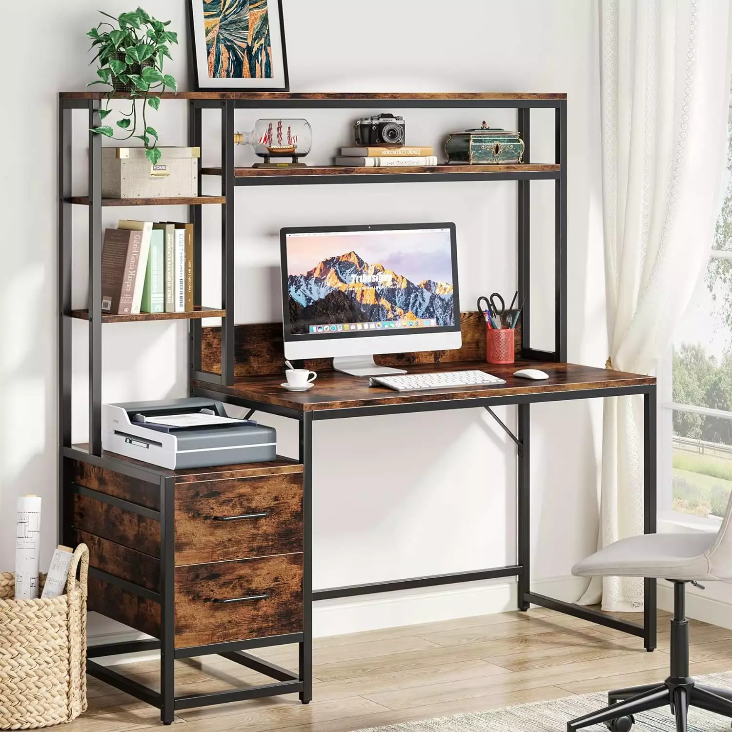 55 Inch Computer Desk 2 Drawers Storage Shelves Rustic Office Desk Hutch Brown Study Writing Table Puapli