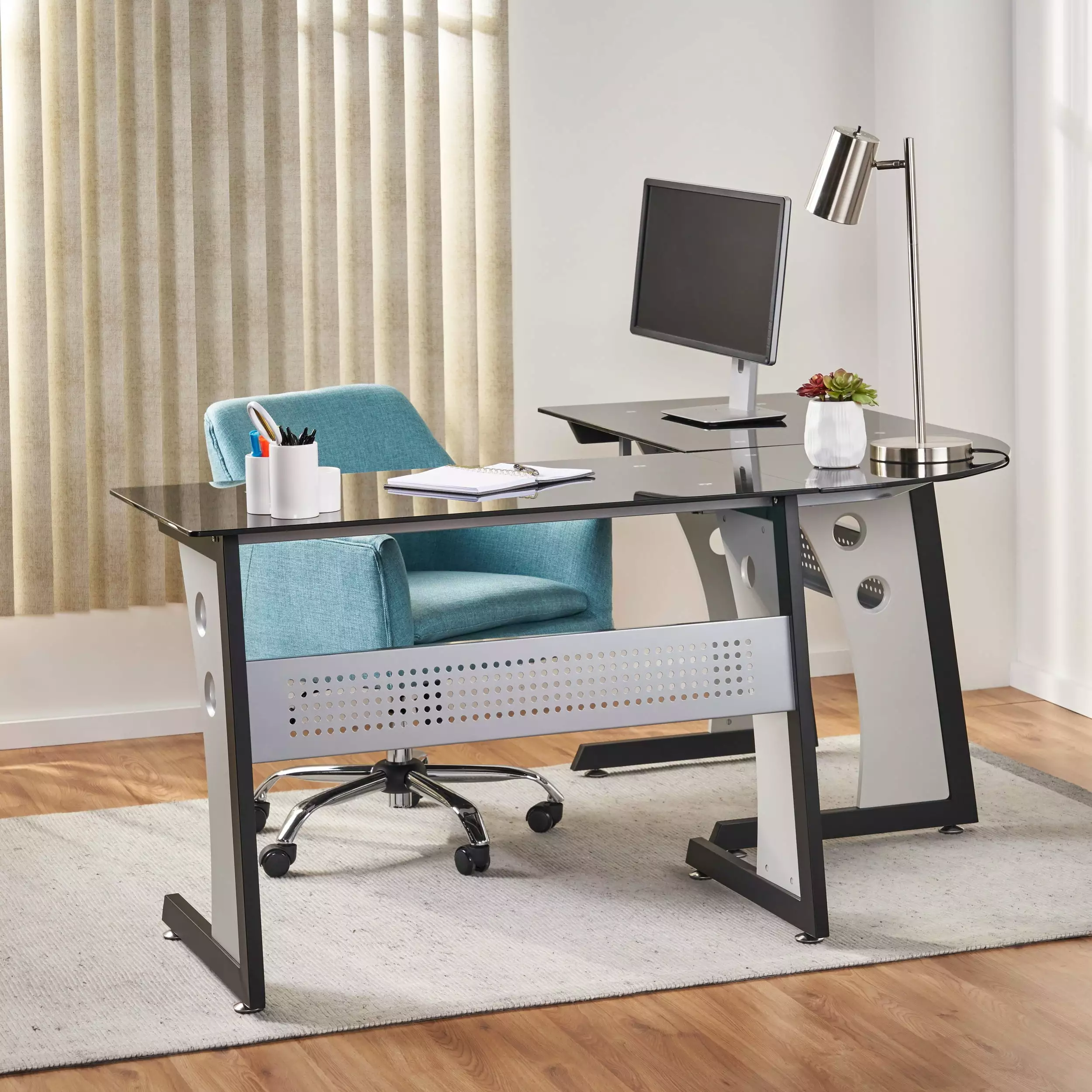L Shape Glass Office Desk Grey and Black SMHZ