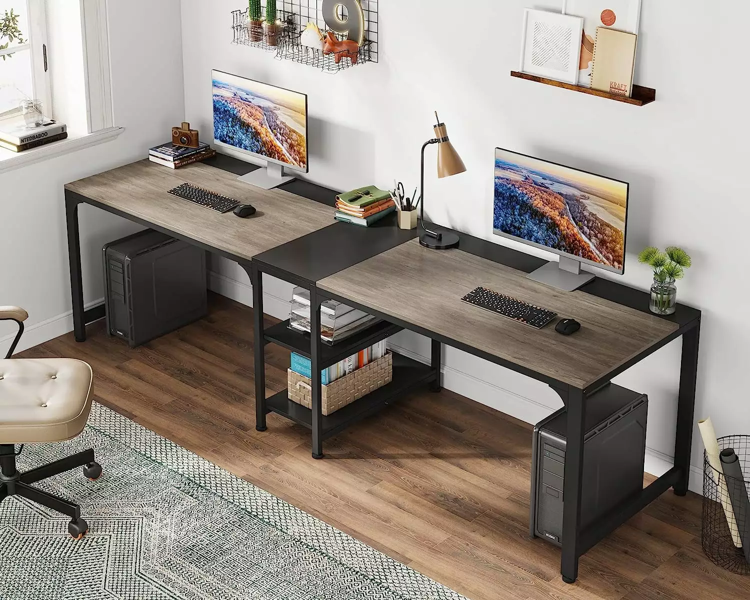 Tribesigns 90.55 Inch 2 Person Desk Storage Shelves Long Double Computer Desk Home Office Black Gray