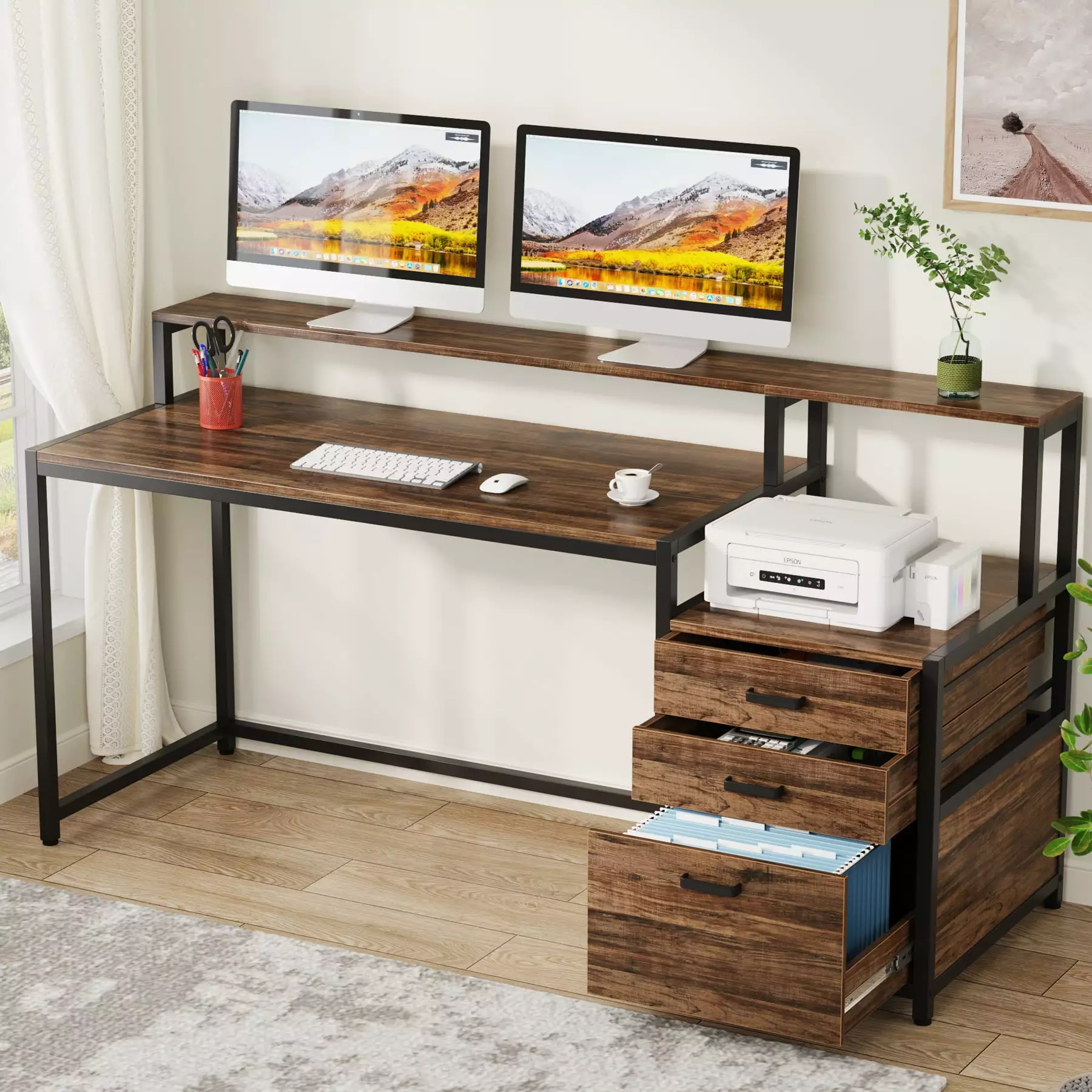 Tribesigns 63 Inch Computer Desk Monitor Stand and Drawers