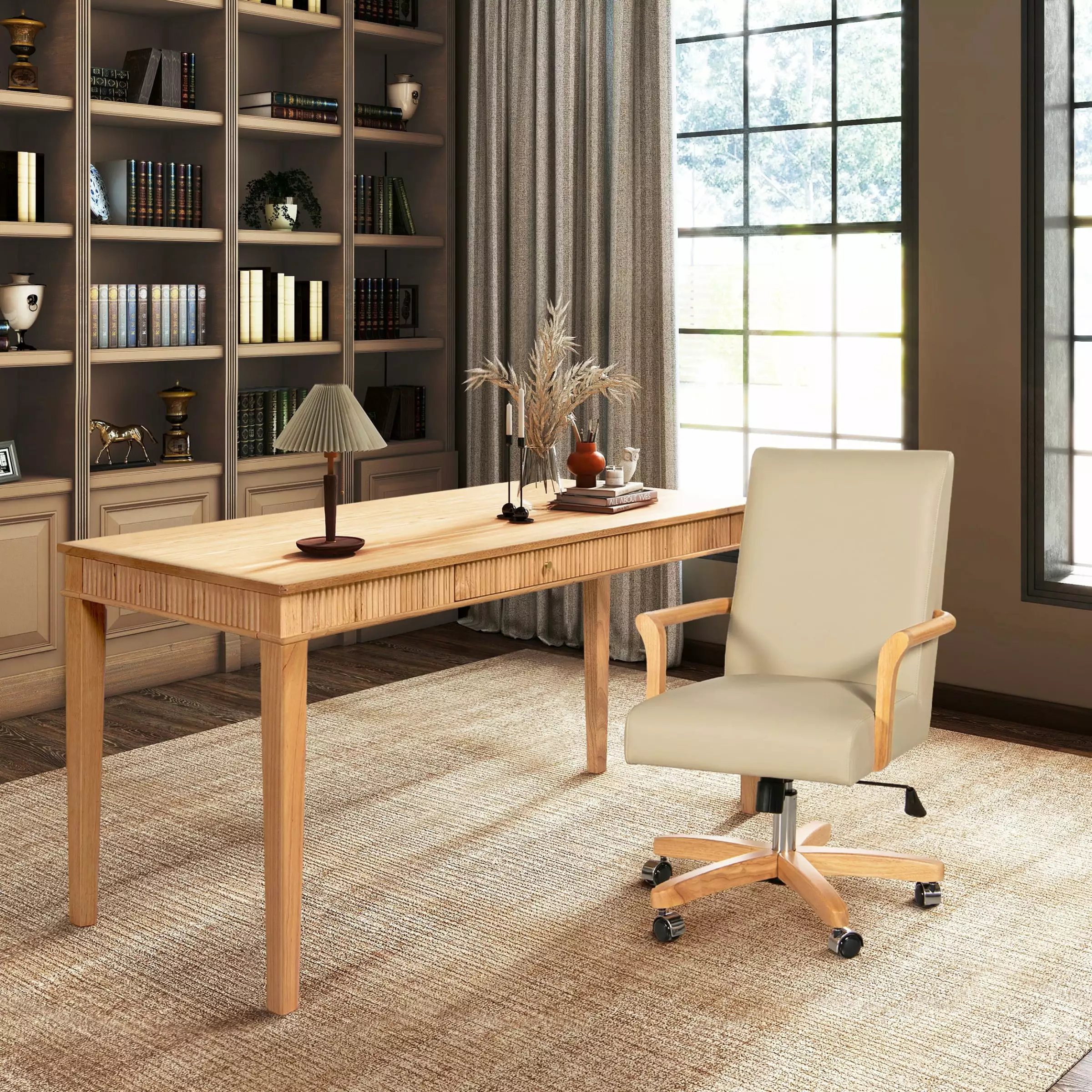 Jennifer Taylor Home Dumont Modern Farmhouse 2-Piece Desk and Executive Chair Set Cream Beige Leather JENNIFER TAYLOR J T