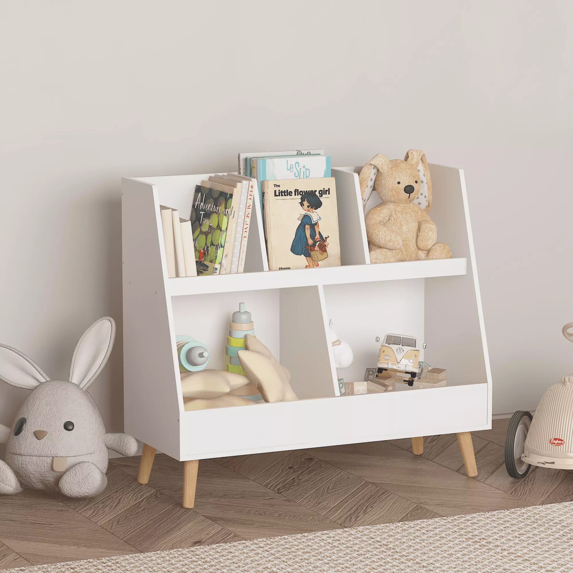 Taktack 2-Tier Kids Bookshelf and Toy Organizer 5 Cubbies Wooden Open Bookcase Free Standing Playing Room Bedroom Classroo...