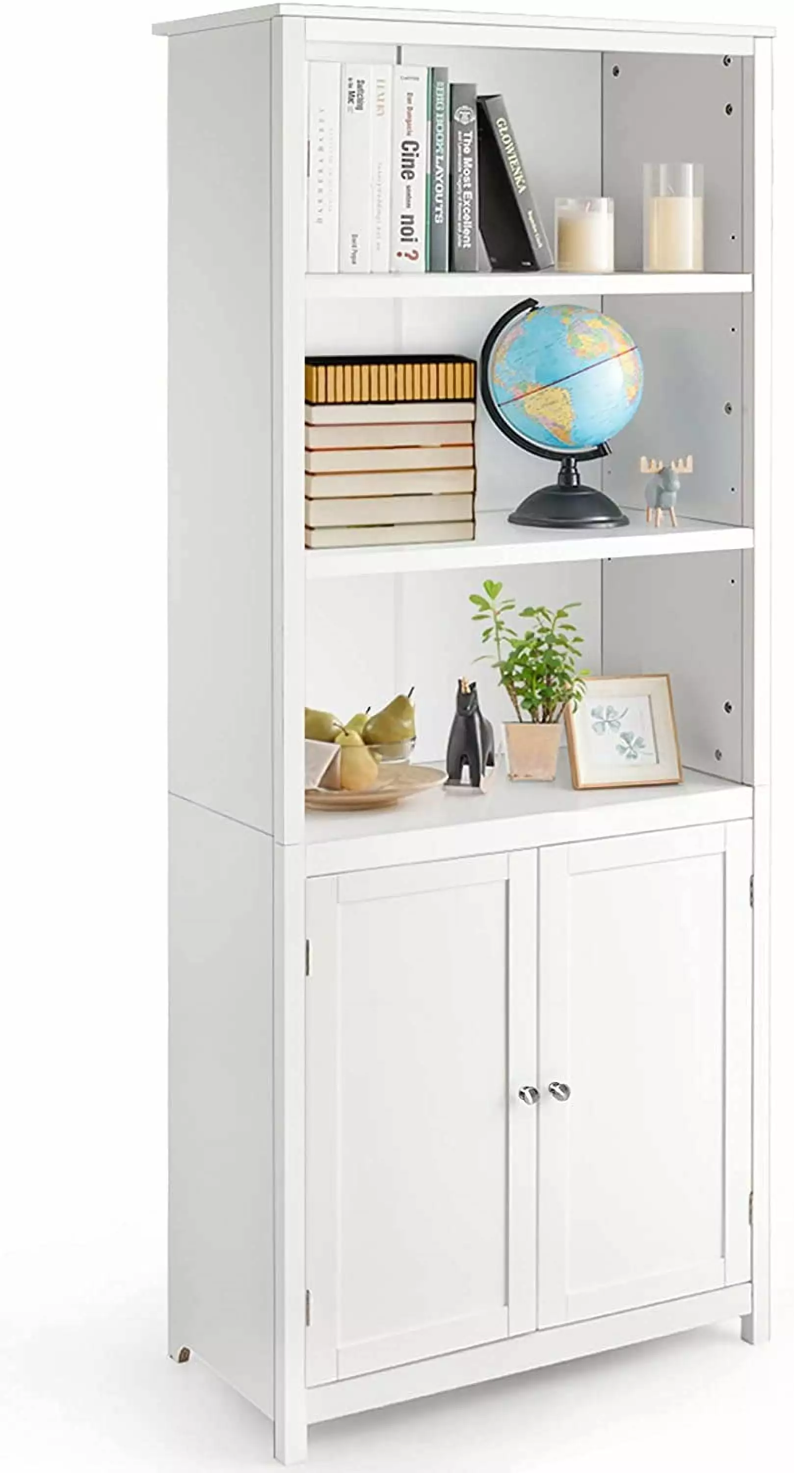 White 3 Tier Bookcase Double Doors Wooden Display Shelf Home Office Library ZHIBING