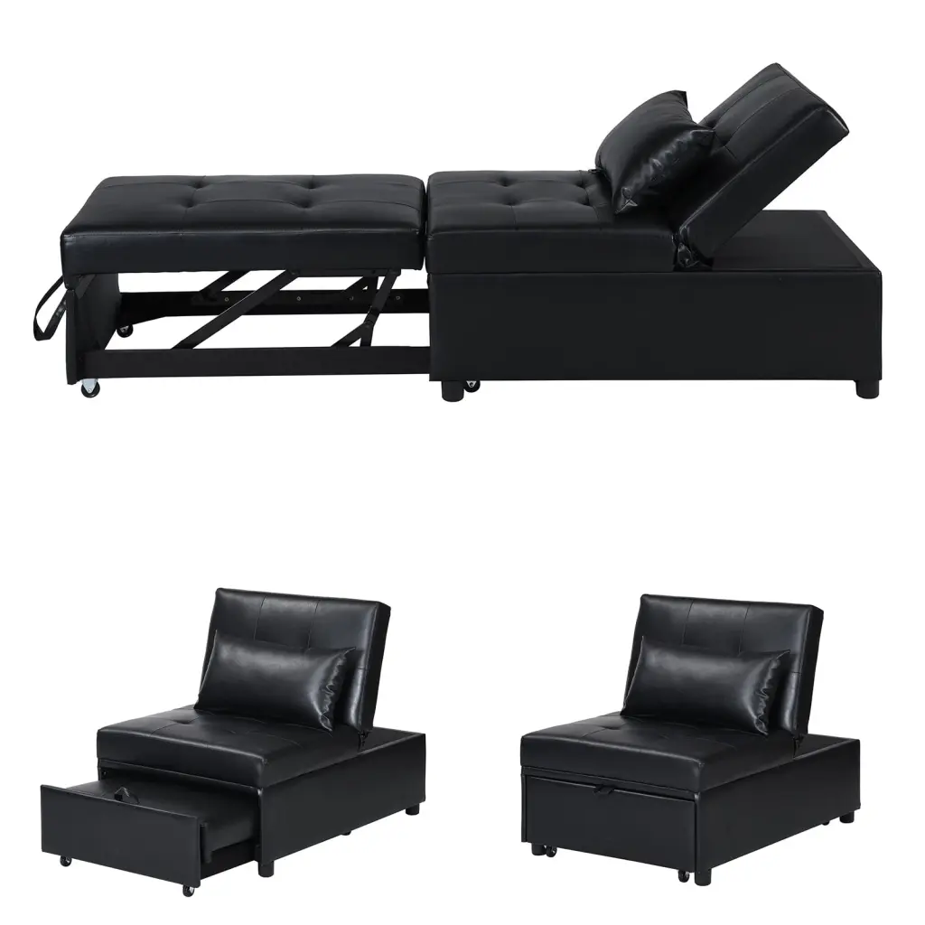 Modern Black Faux Leather Folding Ottoman Sofa Bed Living Room, Bedroom, Dorm, or Office HOMXIAOWO