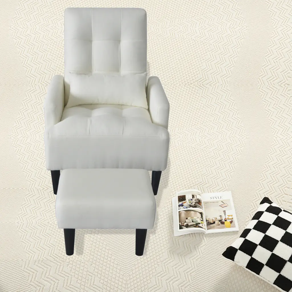 Cream White Recliner Sofa Chair Ottoman Modern Design Soft Cozy Fabric Adjustable Recline to 150 Degrees Ponnky