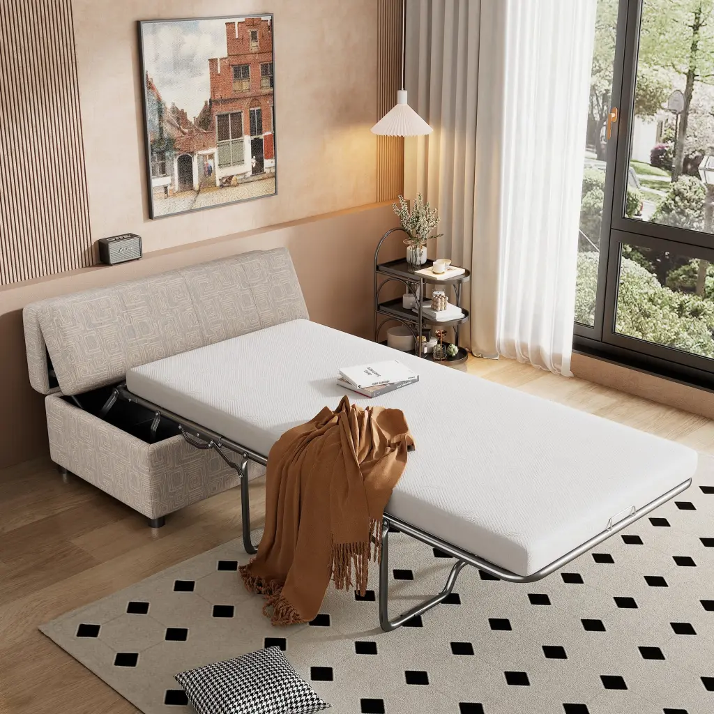 Twin Size Folding Ottoman Sleeper Bed Mattress Convertible Guest Bed Light Gray OMCCHK