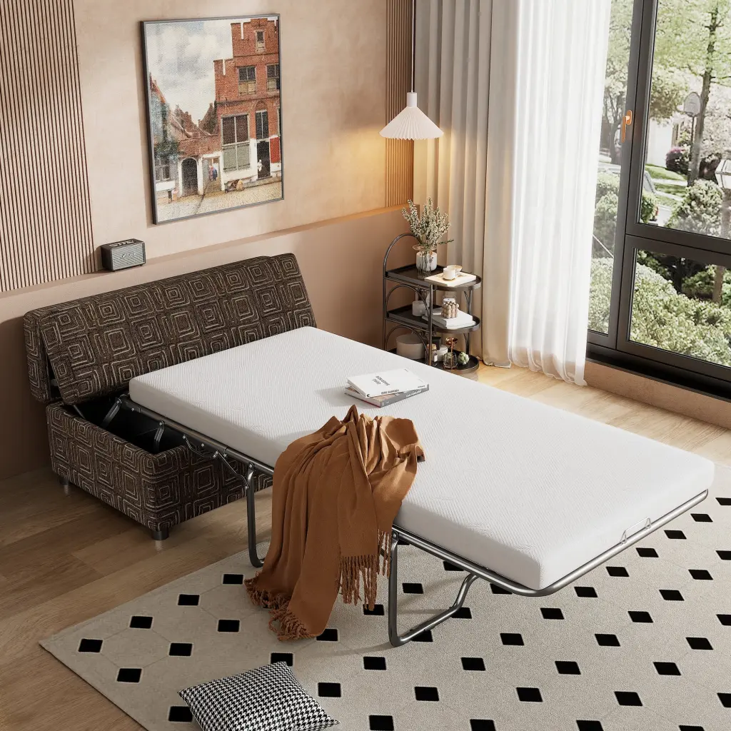 Twin Size Folding Ottoman Sleeper Bed Mattress Convertible Guest Bed Espresso OMCCHK