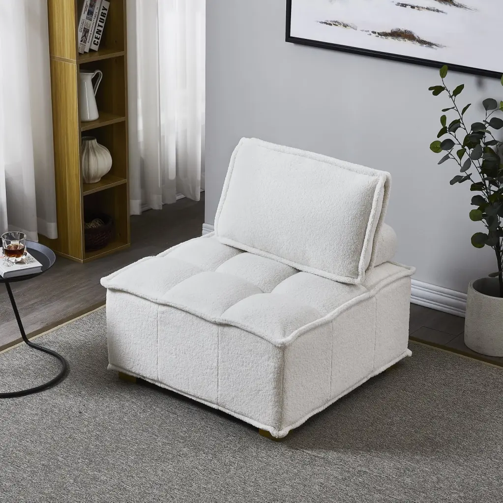 White Teddy Fabric Lazy Sofa Ottoman Gold Wooden Legs and Removable Back Cushion HATNOKIL