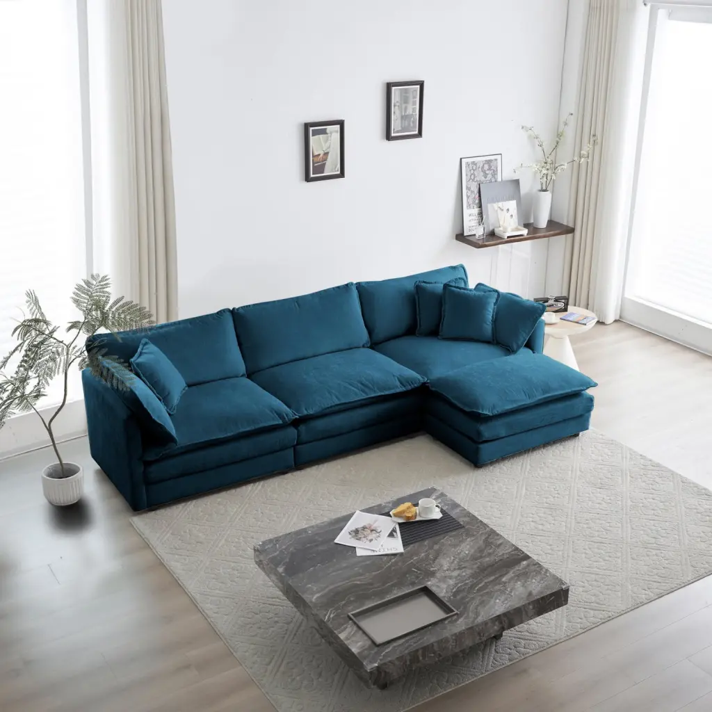 Chic Oversized L-Shaped Sectional Sofa Reversible Ottoman Blue Chenille Ponnky