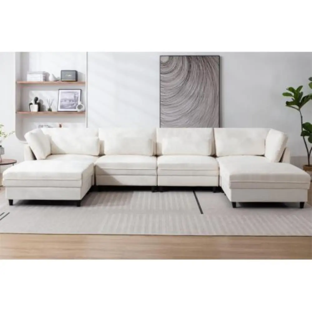 Oversized U-Shaped Modular Sectional Sofa Set Waist Pillows - 145 Inch 6-Seater Beige Polyester Couch YRWL