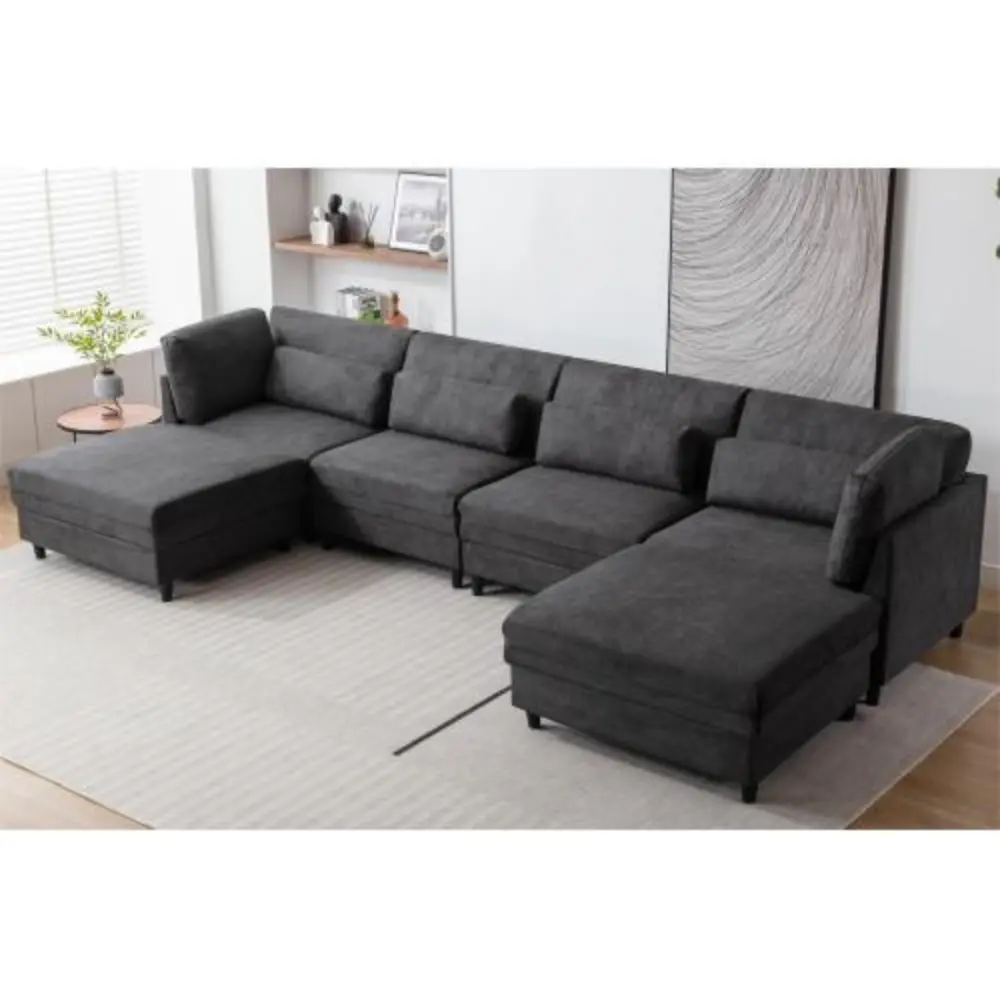Oversized U-Shaped Modular Sectional Sofa Set - 145 Inch 6-Seater Dark Gray Polyester Couch Wood Accents YRWL