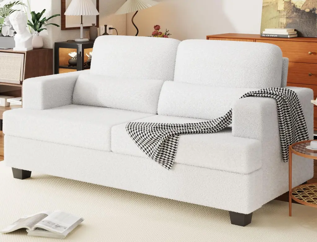 ADVWIN 63 Oversized Teddy Velvet Loveseat Sofa Lumbar Pillows - White Modern Couch