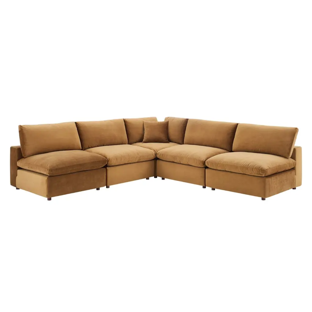 Ergode Commix Cognac Down Filled Overstuffed Performance Velvet 5-Piece Sectional Sofa