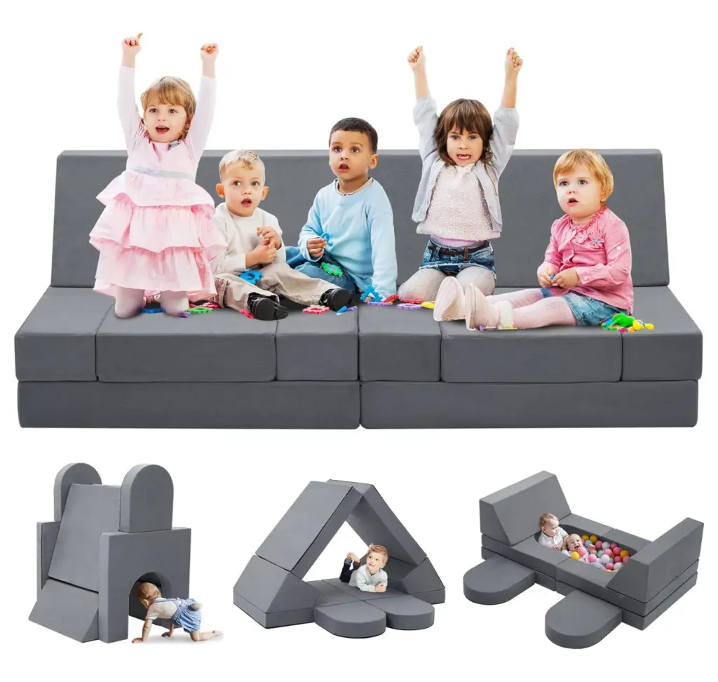 Superwum Large Kids Couch 8PCS Modular Play Couch Convertible Building Fort Playroom Grey