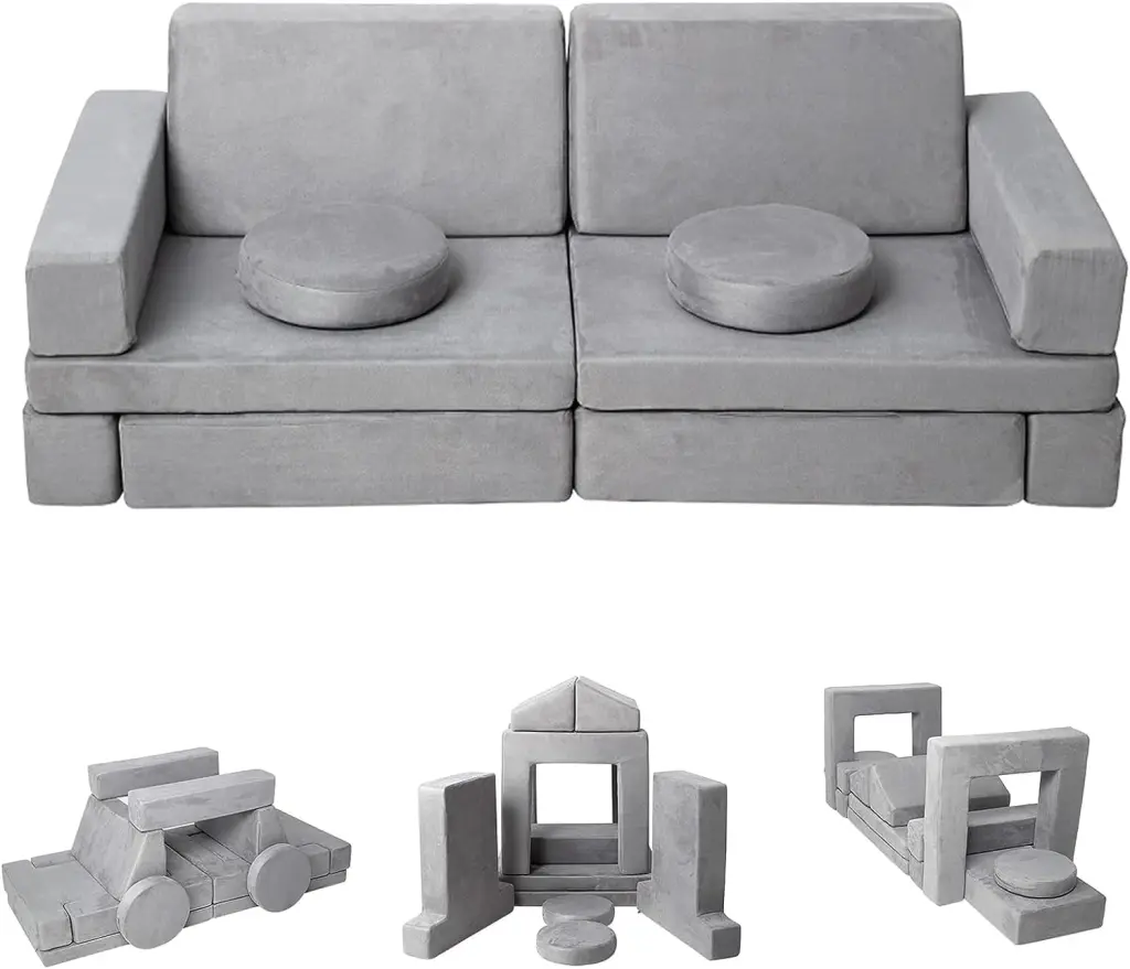 WhizMax Modular Kids Play Couch 12 Pcs Multifunctional Toddler Couch Playroom Bedroom Gray
