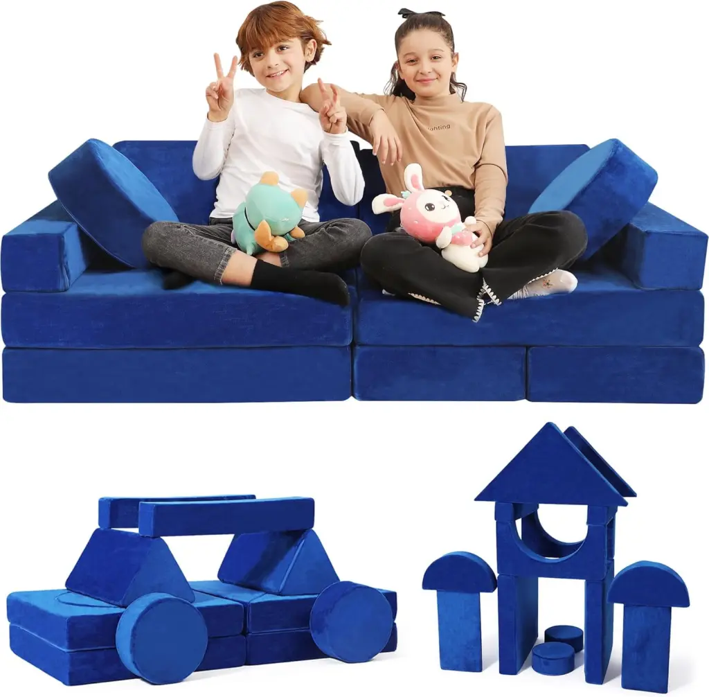 Contour Comfort Kids Couch 14 PC Modular Kids Play Couch Set Soft Foam Cushions Blue