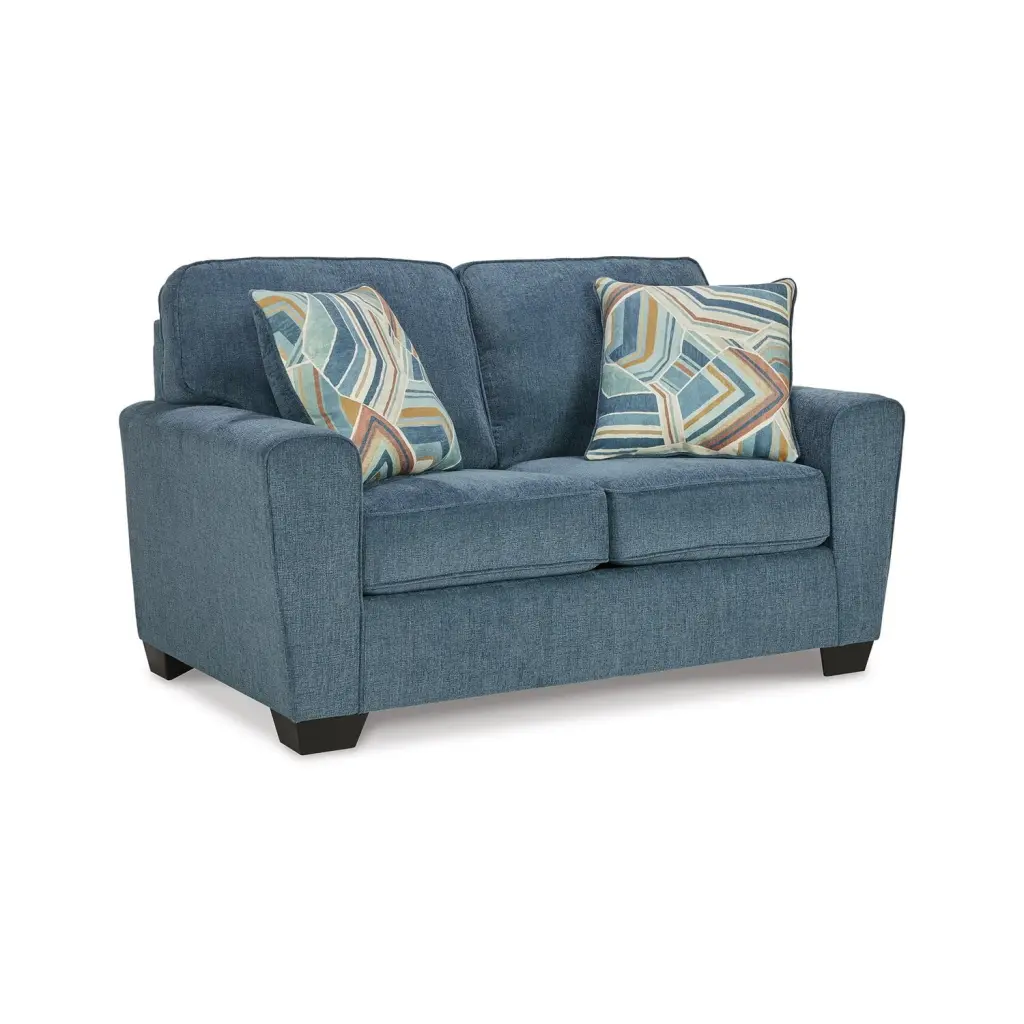 Benjara 63 Inch Caten Transitional Polyester Loveseat 2 Pillows Muted Blue