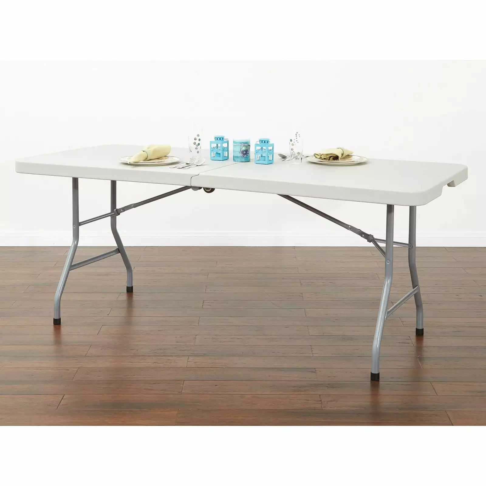 5 Foot Light Gray Resin Multi Purpose Center Fold Table Wheels Office Star Products