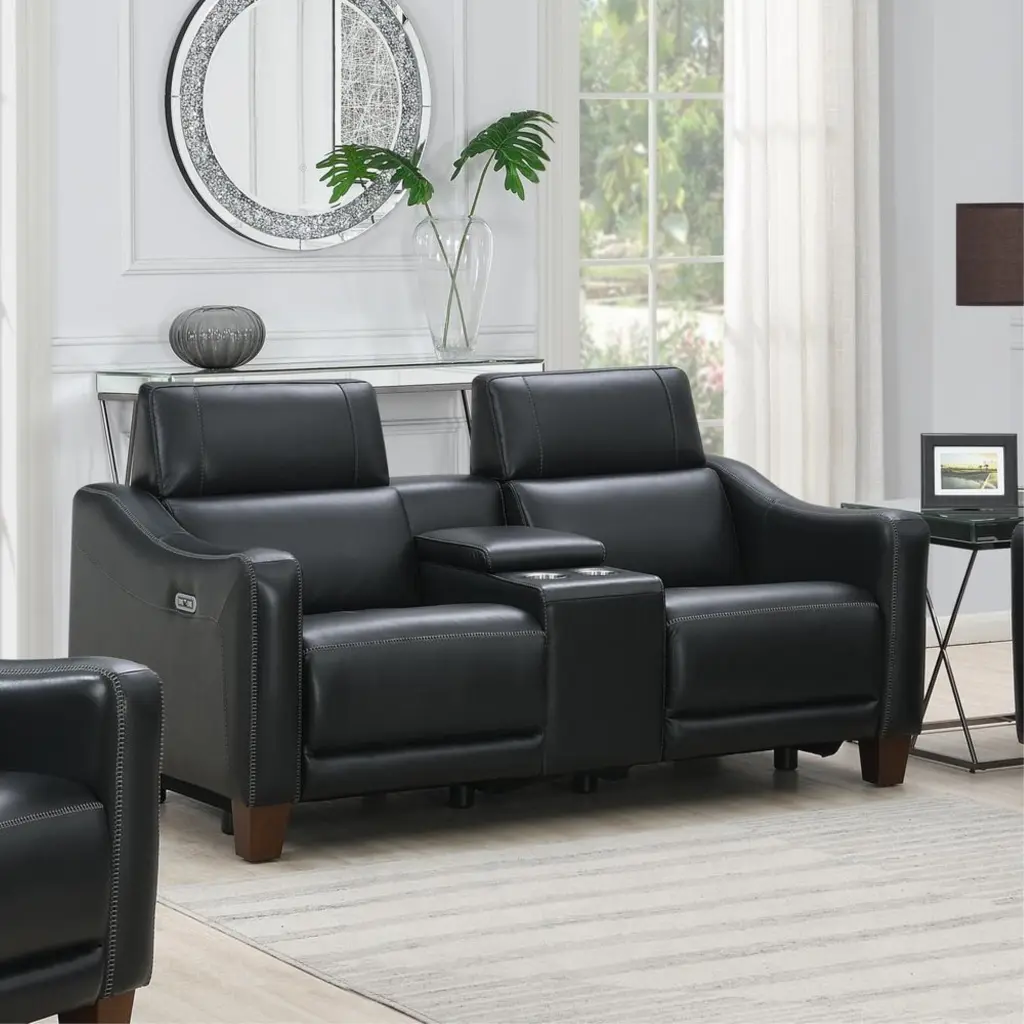 Giorno Power Console Loveseat Black Leather Steve Silver Company