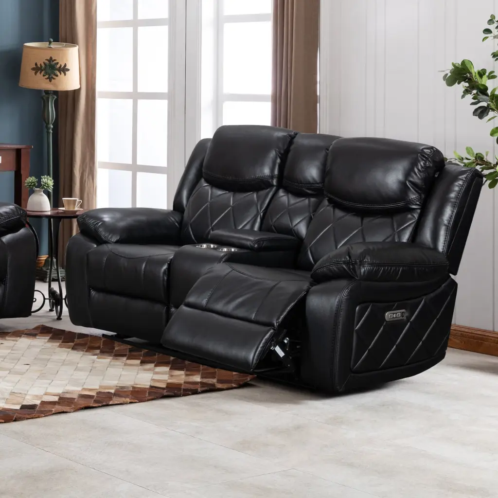 Contemporary Living Room Plush Faux Leather Upholstered Power Reclining Sofa Black AC Pacific