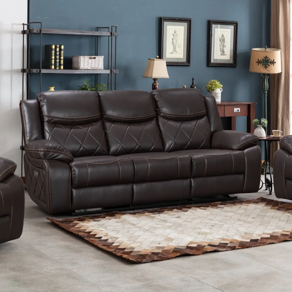 Contemporary Living Room Plush Faux Leather Upholstered Power Reclining Sofa Brown AC Pacific