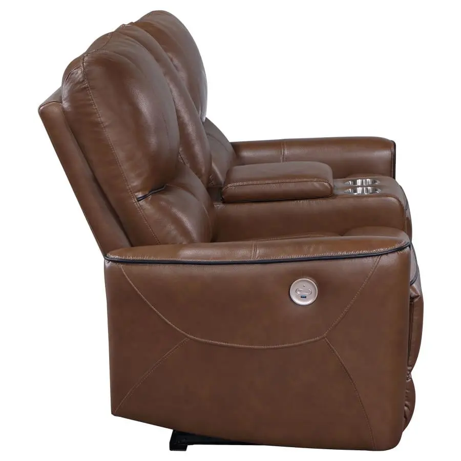 Greenfield Upholstered Power Reclining Loveseat Console Saddle Brown Coaster Company