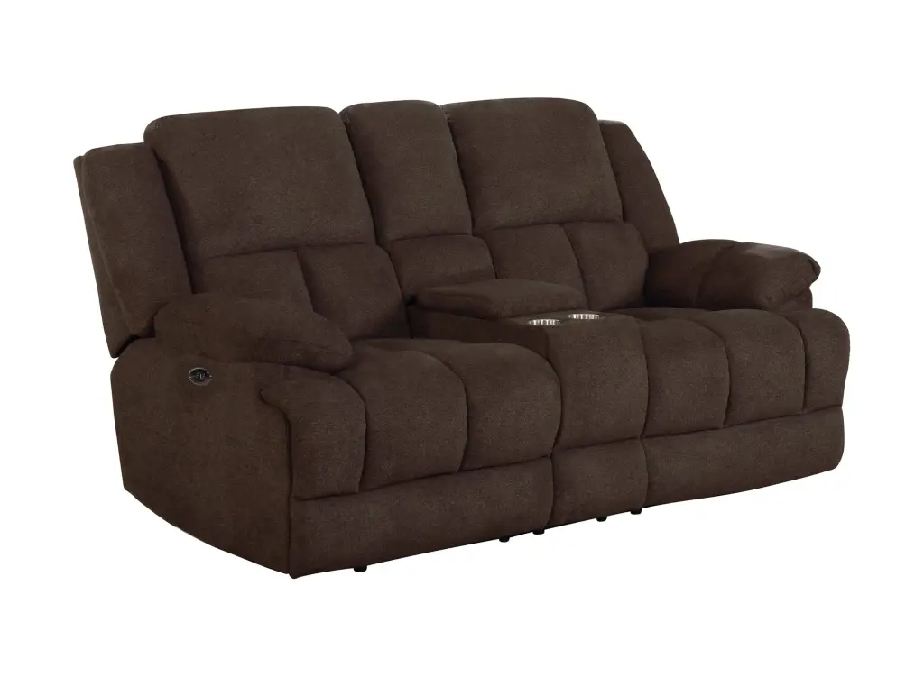 Waterbury Upholstered Motion Loveseat Console Brown Leather Coaster Company