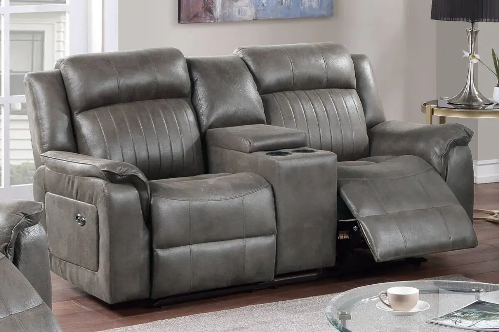Power Motion Loveseat Console Modern Classic Slate Blue Leatherette Recliner Esofastore