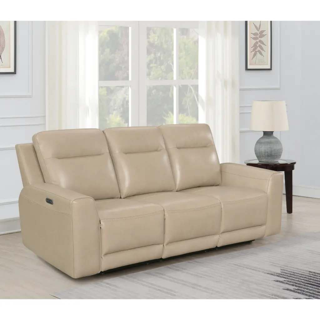 Luxurious Tan Leather Power Reclining Sofa Top-Grain Leather Dual Power Footrest Headrest Ponnky