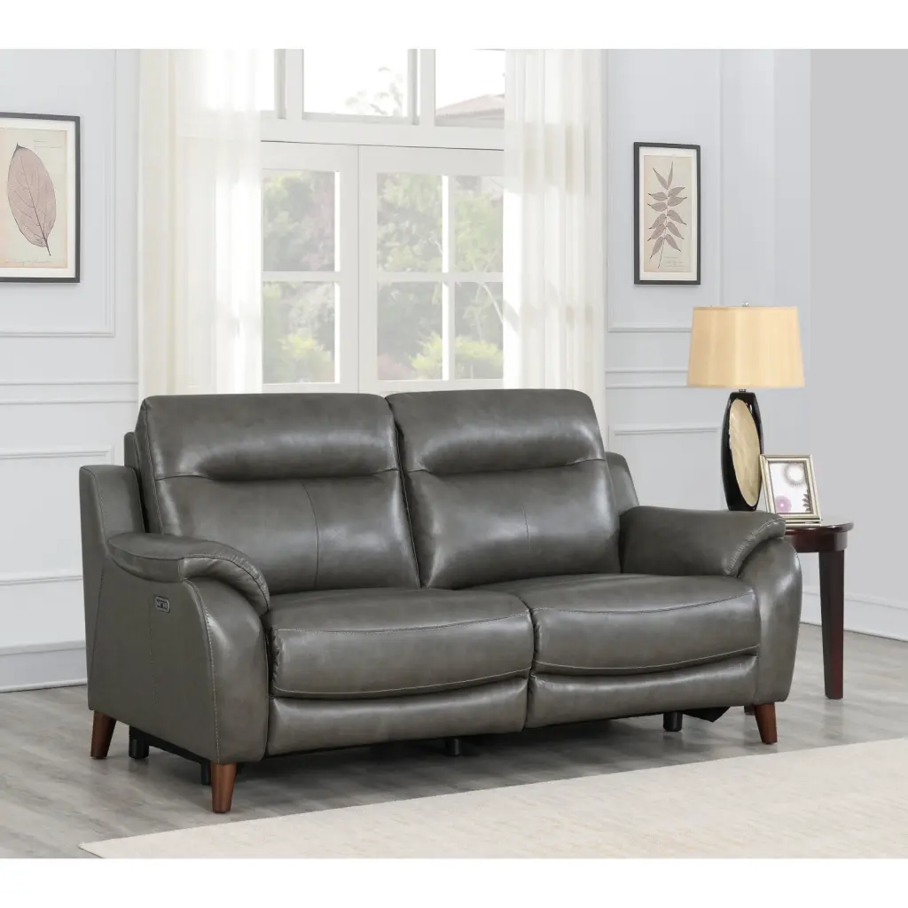 Top Grain Leather Power Reclining Sofa Footrest and Headrest Charcoal Grey Ponnky