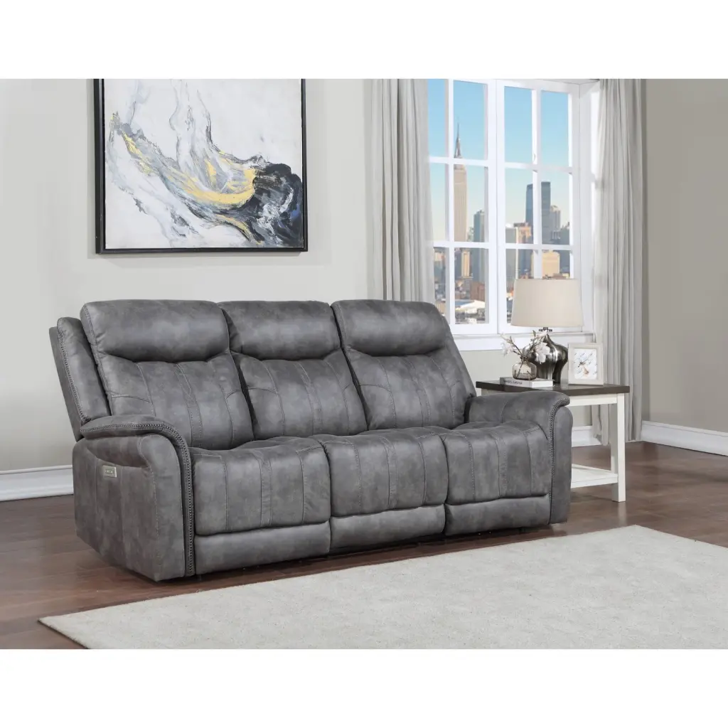Transitional Grey Faux-Suede Power Reclining Sofa USB Charging Ponnky