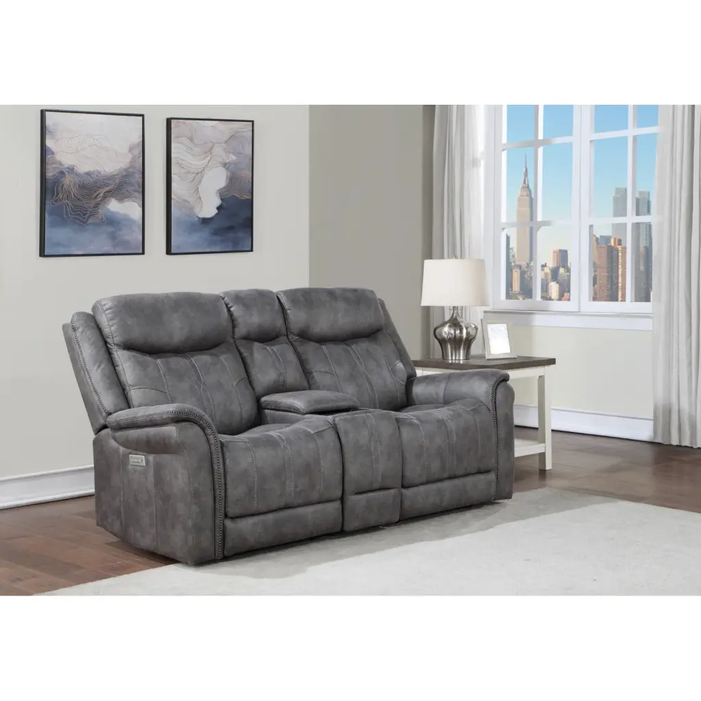 Transitional Gray Faux-Suede Power Reclining Loveseat Hidden Cupholders and Console Ponnky