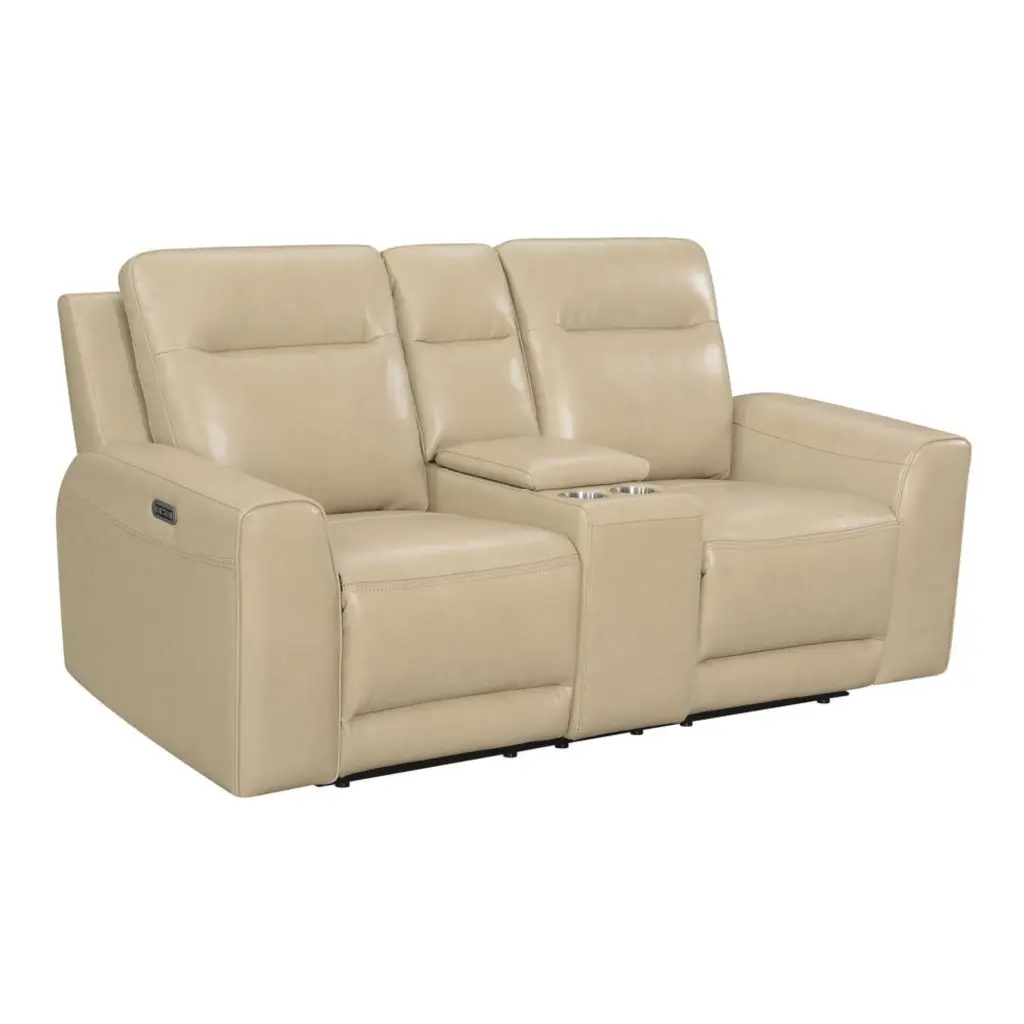 Doncella Beige Sand Leather Power Reclining Console Loveseat Steve Silver Company