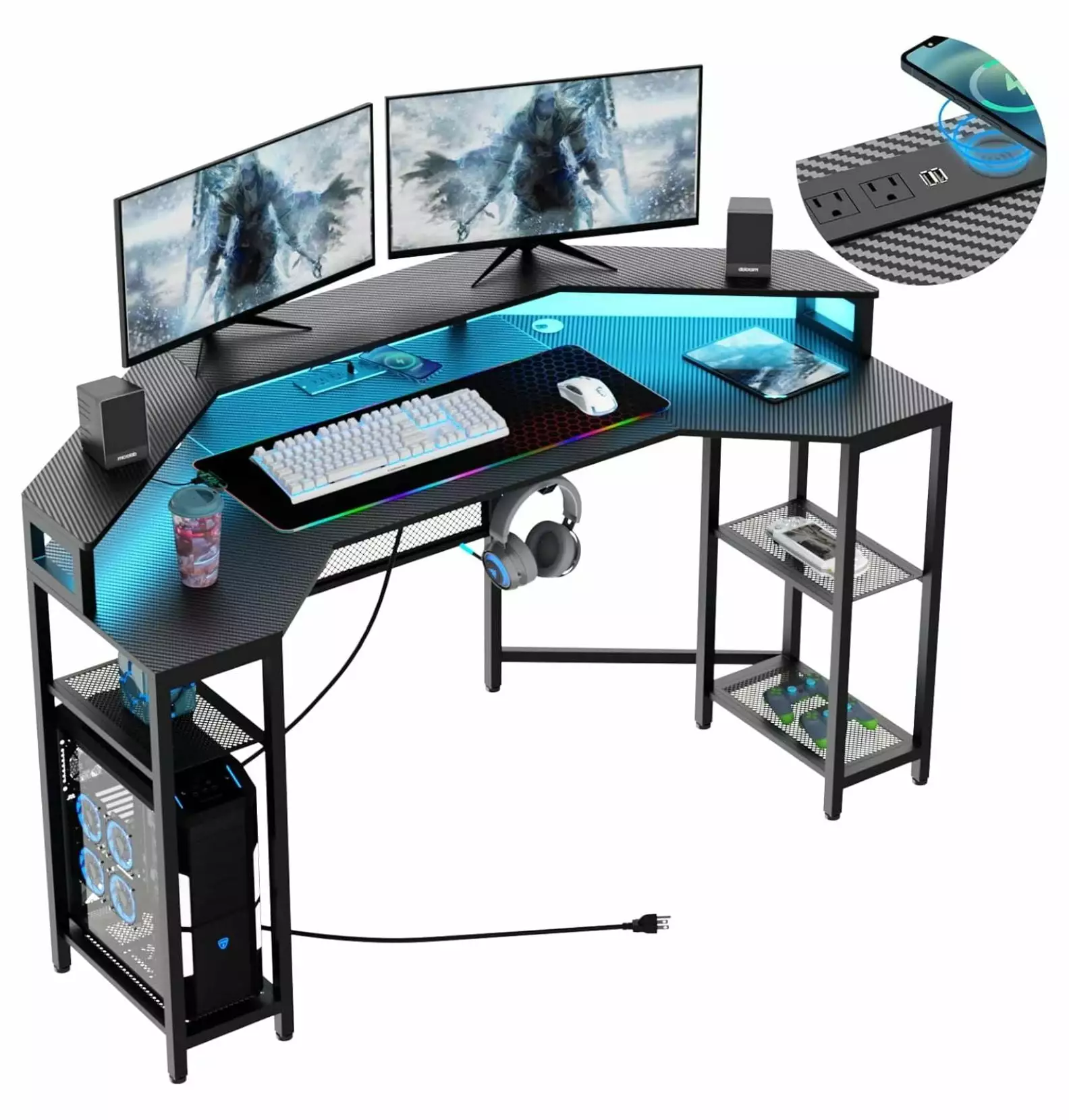 63 Large Wing-Shaped Gaming Desk Power Outlet & LED Light - Wireless Charging RGB Mouse Pad and Headphone Hook JaLuayh