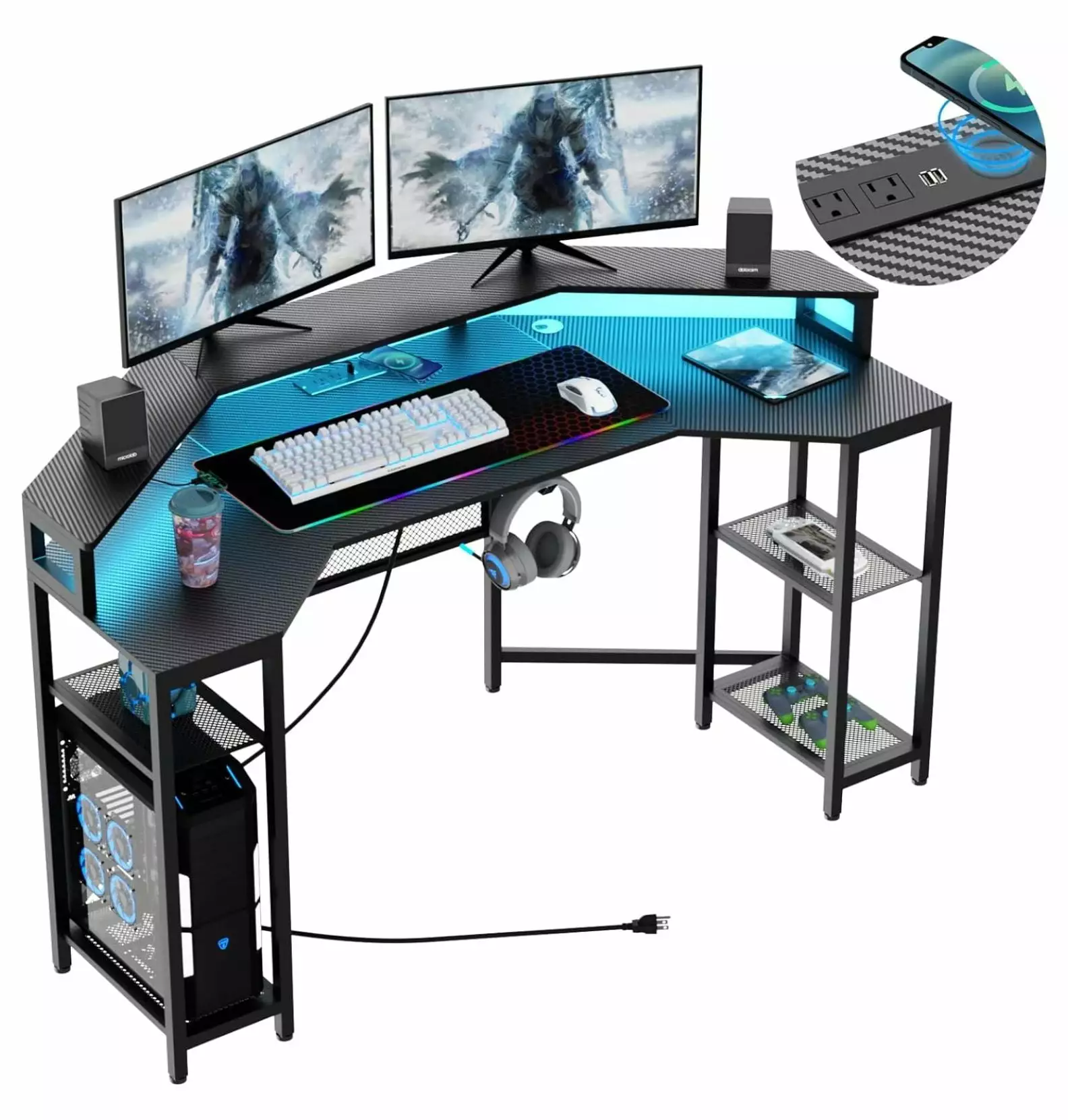 63 Large Wing-Shaped Gaming Desk Power Outlet & LED Light - Wireless Charging RGB Mouse Pad and Headphone Hook YuraZH